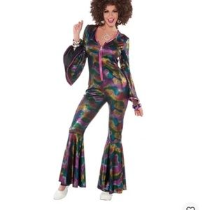 Boogie Down 70s Disco Diva Costume Jumpsuit Psychedelic Colorful Halloween NEW
